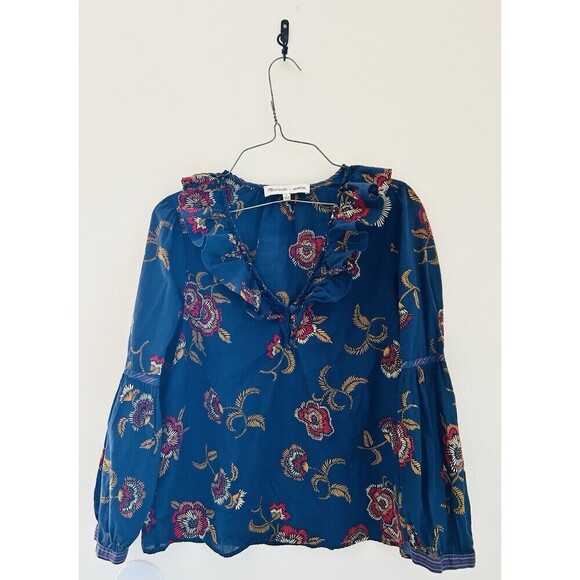 Madewell X Warm Navy Summer Ruffle Collar Top in Honolulu Hibiscus Womens Sz S - Picture 1 of 4